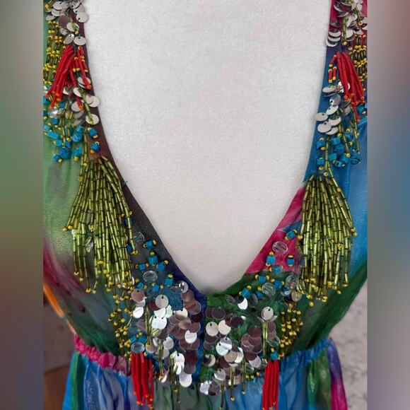 Michael Simon 100% Silk Multicolor Vibrant Shimmery Embellished Tunic Blouse- S‎ - Picture 6 of 12